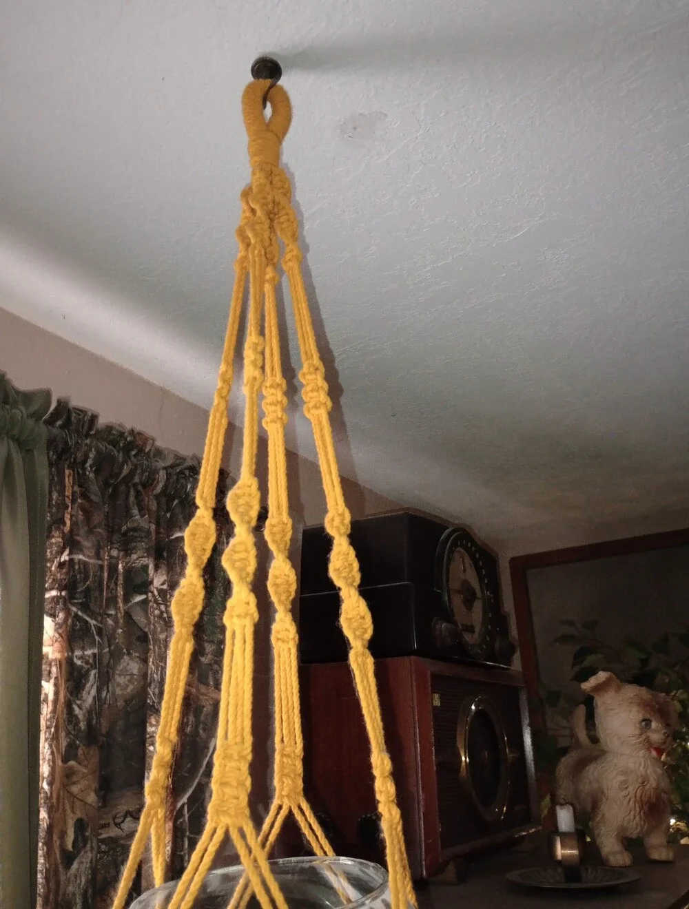 Mustard Yellow Macramé Hanging Planter - Handmade With Clear Glass Bowl